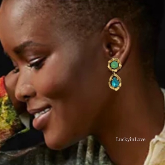 ALEXIS BITTAR• Gold Crystal Rainbow Blue Antiquities Mismatched Ruffled Earrings - Picture 3 of 10